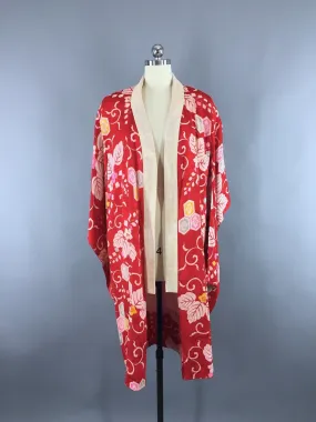 1930s Vintage Silk Kimono Robe Juban with Pink and Aqua Floral Print