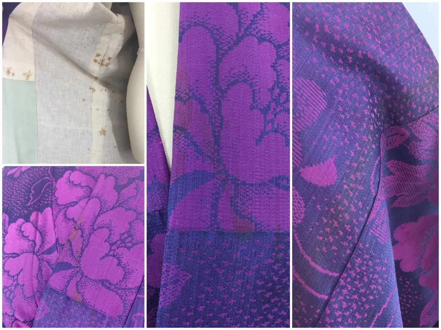 1940s Vintage Silk Kimono Robe with Omeshi Purple Magenta Floral Embroidery