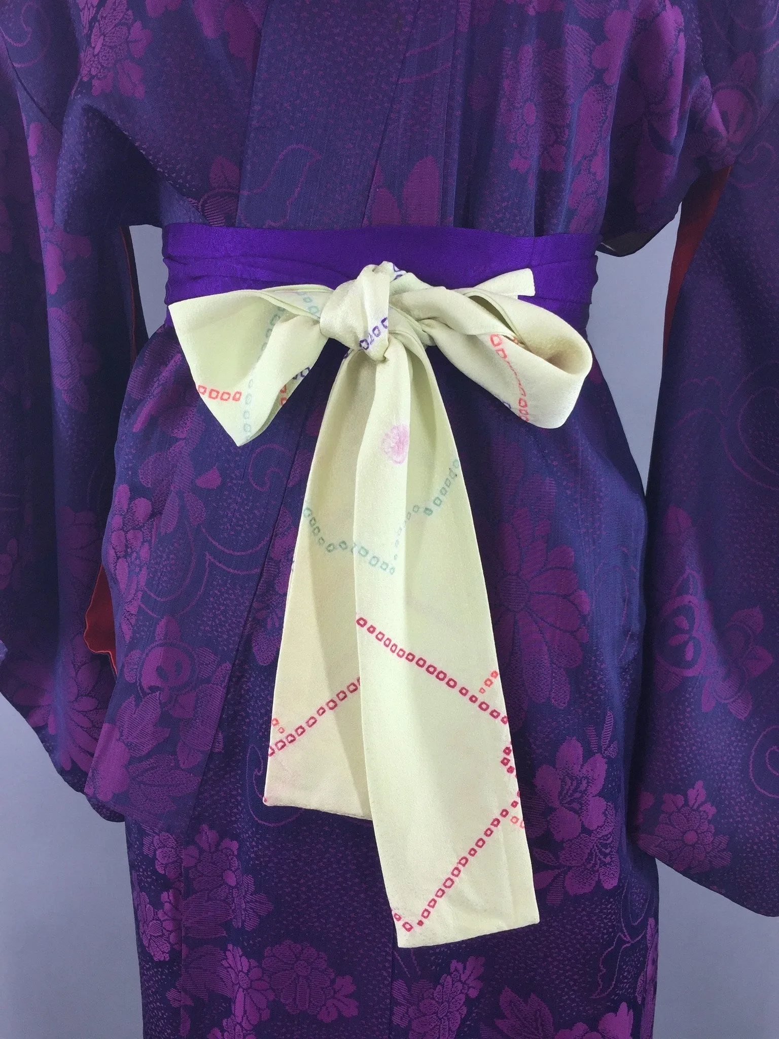 1940s Vintage Silk Kimono Robe with Omeshi Purple Magenta Floral Embroidery