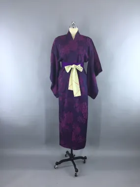 1940s Vintage Silk Kimono Robe with Omeshi Purple Magenta Floral Embroidery