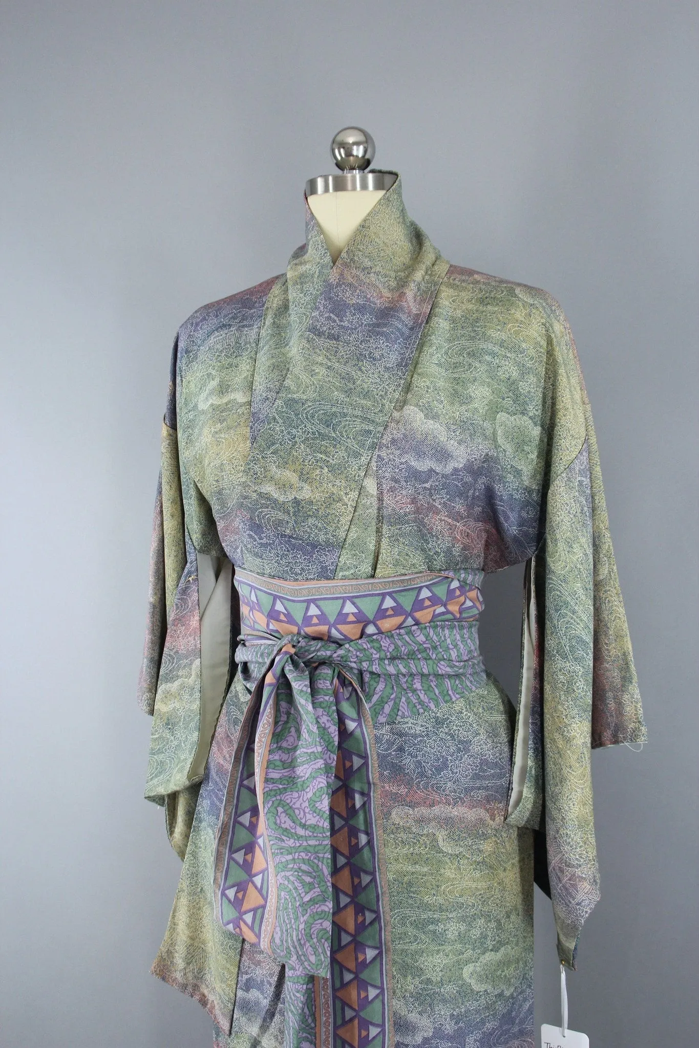 1950s Vintage Silk Kimono Robe / Green Purple Ombre