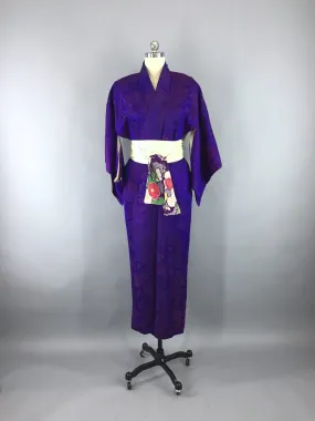 1950s Vintage Silk Kimono Robe with Omeshi Purple Magenta Floral Embroidery