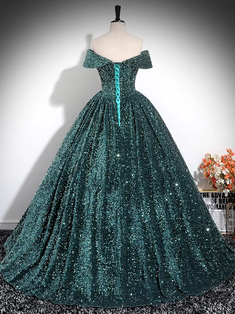 A-Line Off Shoulder Velvet Sequin Green Long Prom Dress, Green Long Formal Dress