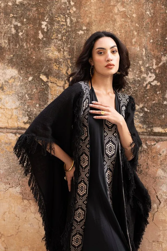 Agata Oversized Tassle Kimono - Black