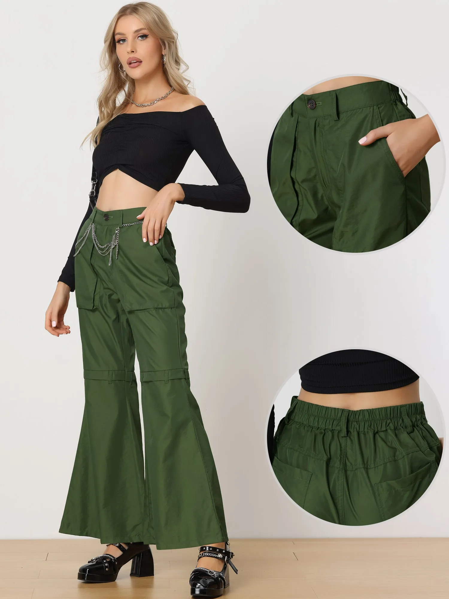 Bell Bottom High Waist Pockets Wide Leg Cargo Pants