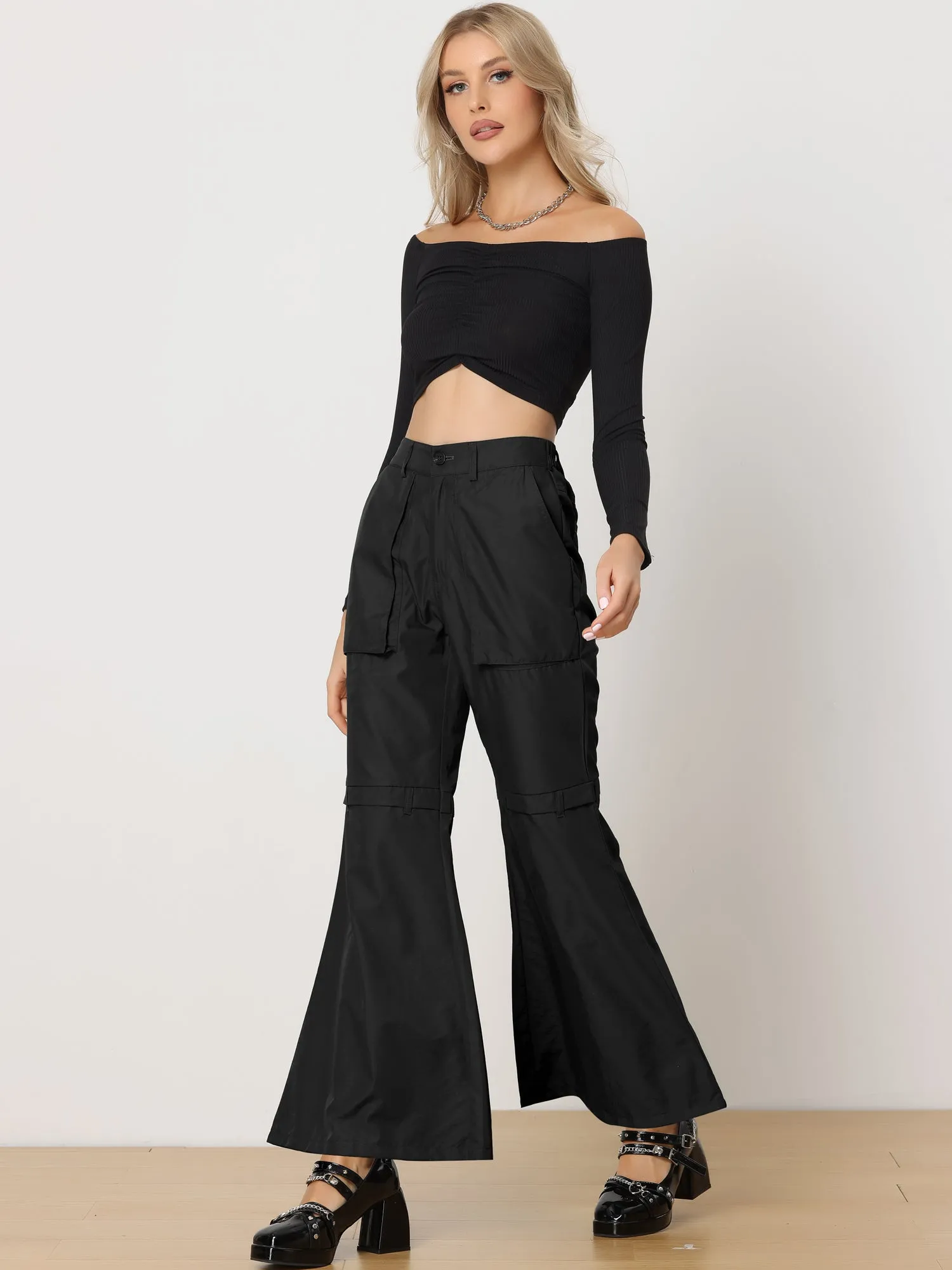 Bell Bottom High Waist Pockets Wide Leg Cargo Pants