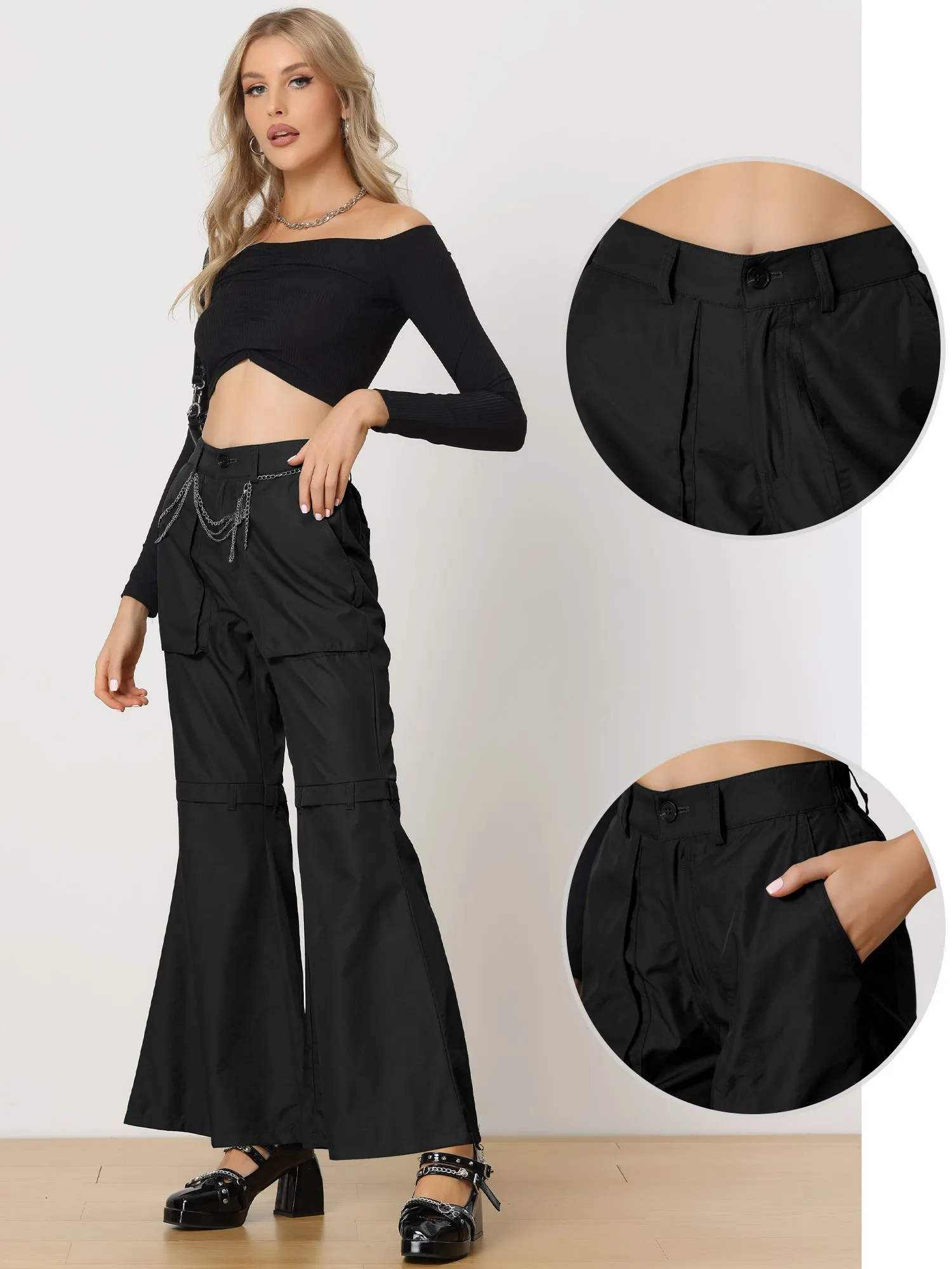 Bell Bottom High Waist Pockets Wide Leg Cargo Pants