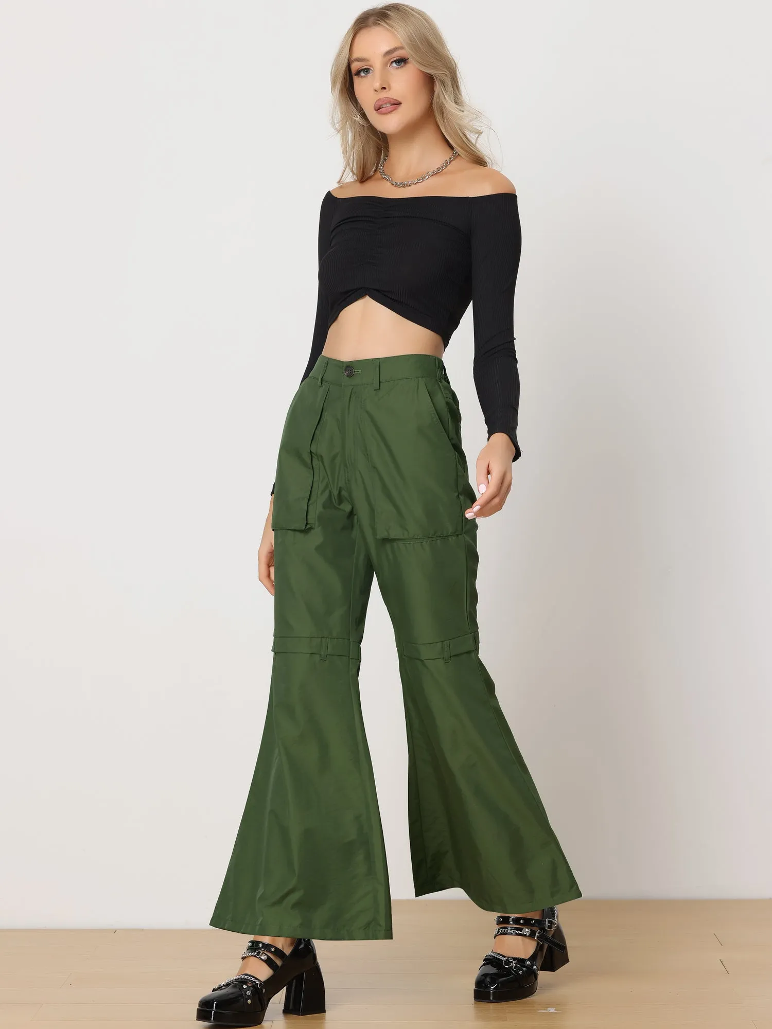 Bell Bottom High Waist Pockets Wide Leg Cargo Pants