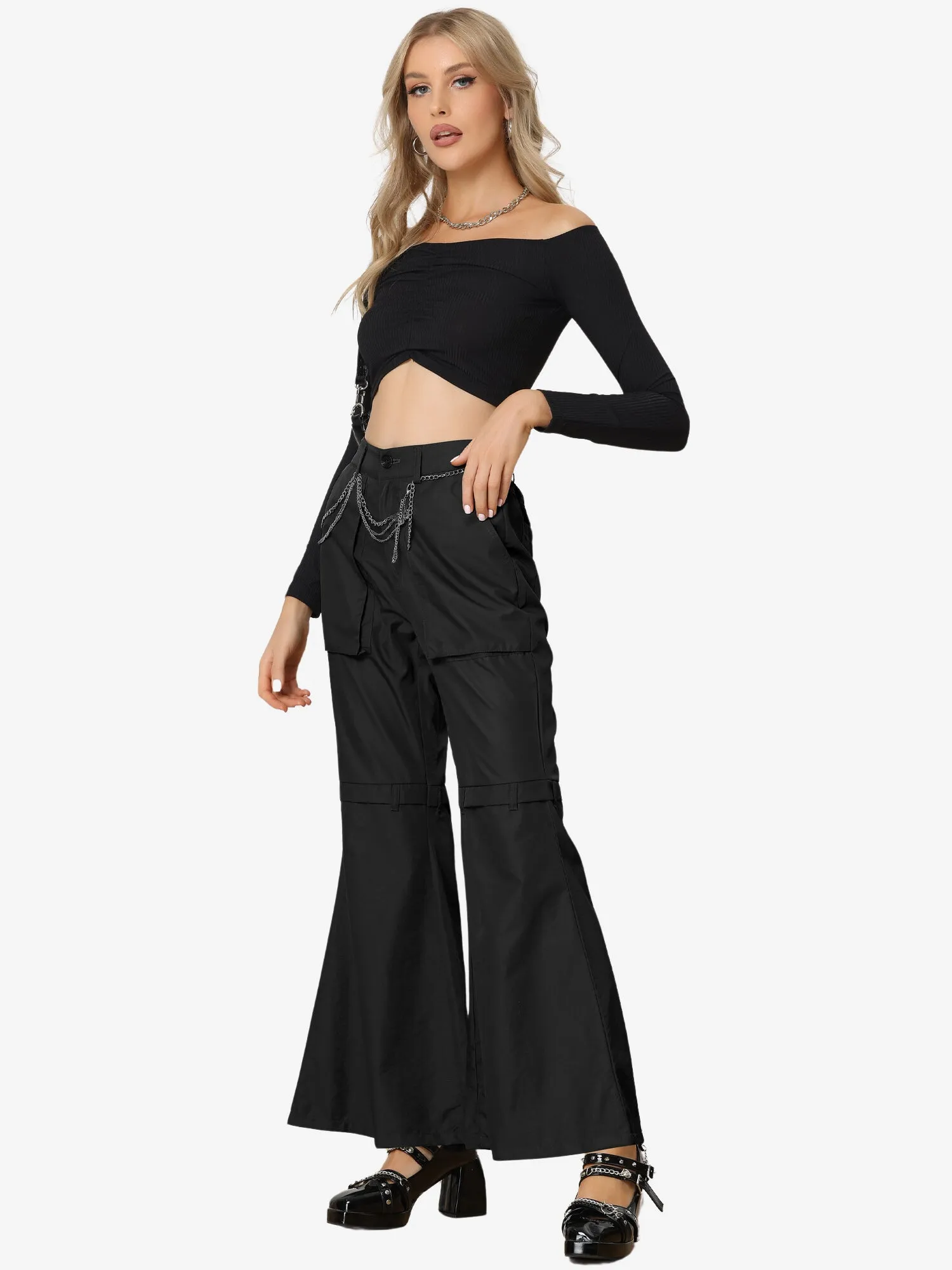 Bell Bottom High Waist Pockets Wide Leg Cargo Pants