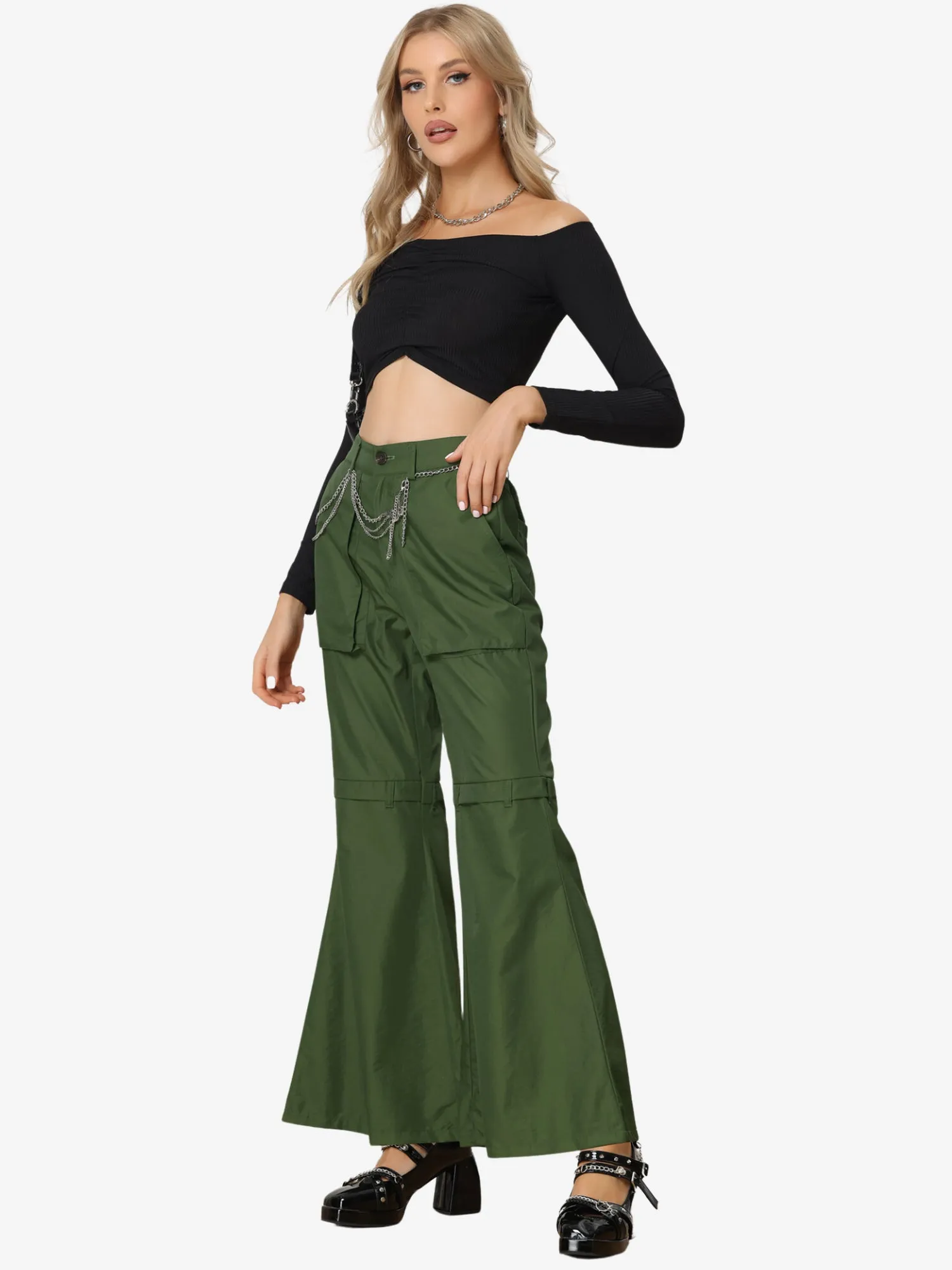 Bell Bottom High Waist Pockets Wide Leg Cargo Pants