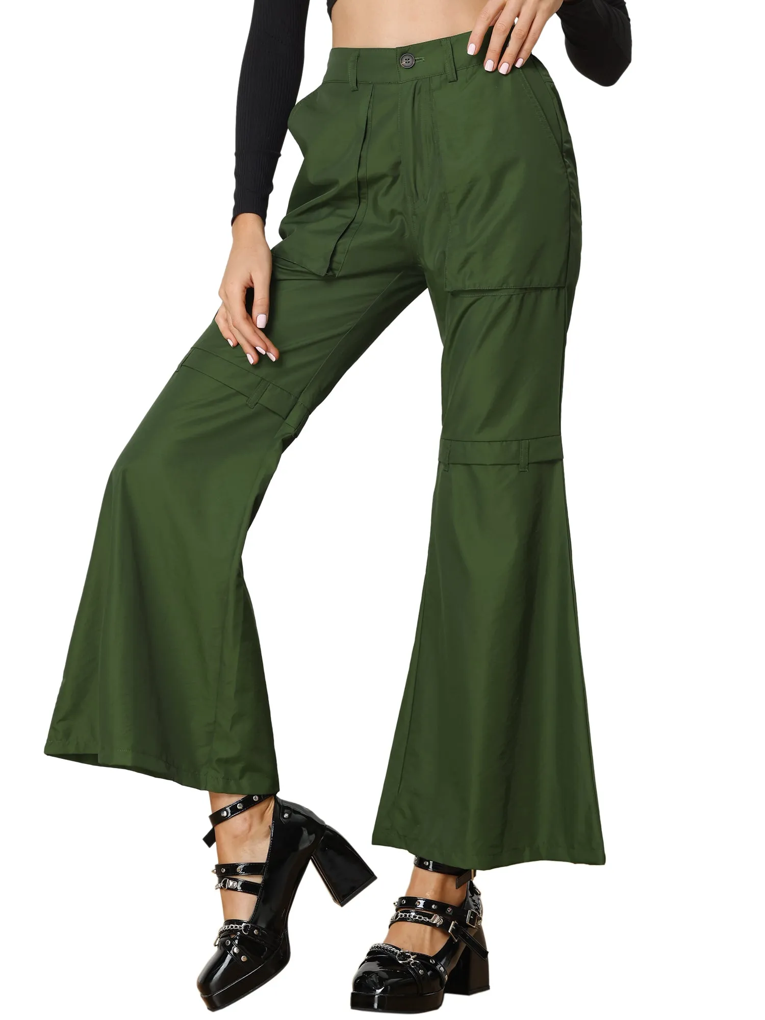 Bell Bottom High Waist Pockets Wide Leg Cargo Pants