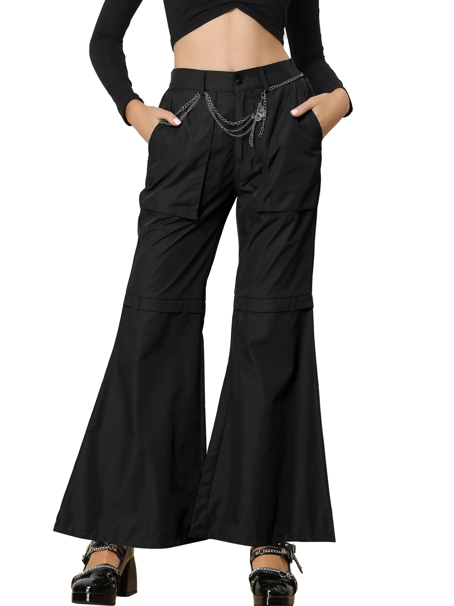 Bell Bottom High Waist Pockets Wide Leg Cargo Pants