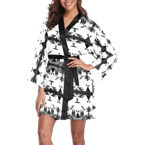 Between the Mountains White and Black Long Sleeve Satin Robe