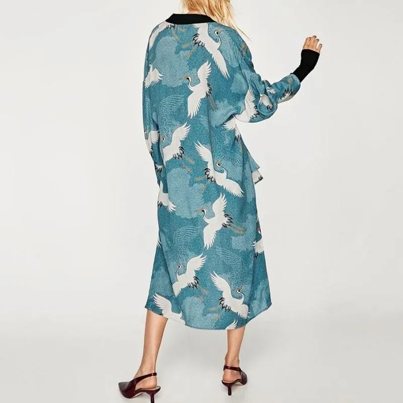 Bird Print Long-Sleeve Kimono