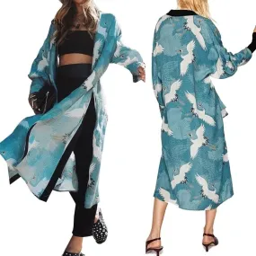 Bird Print Long-Sleeve Kimono