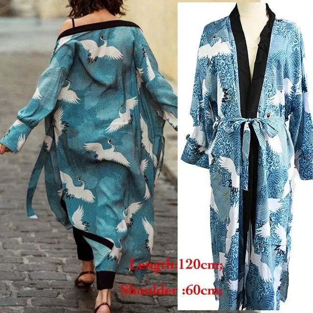 Bird Print Long-Sleeve Kimono