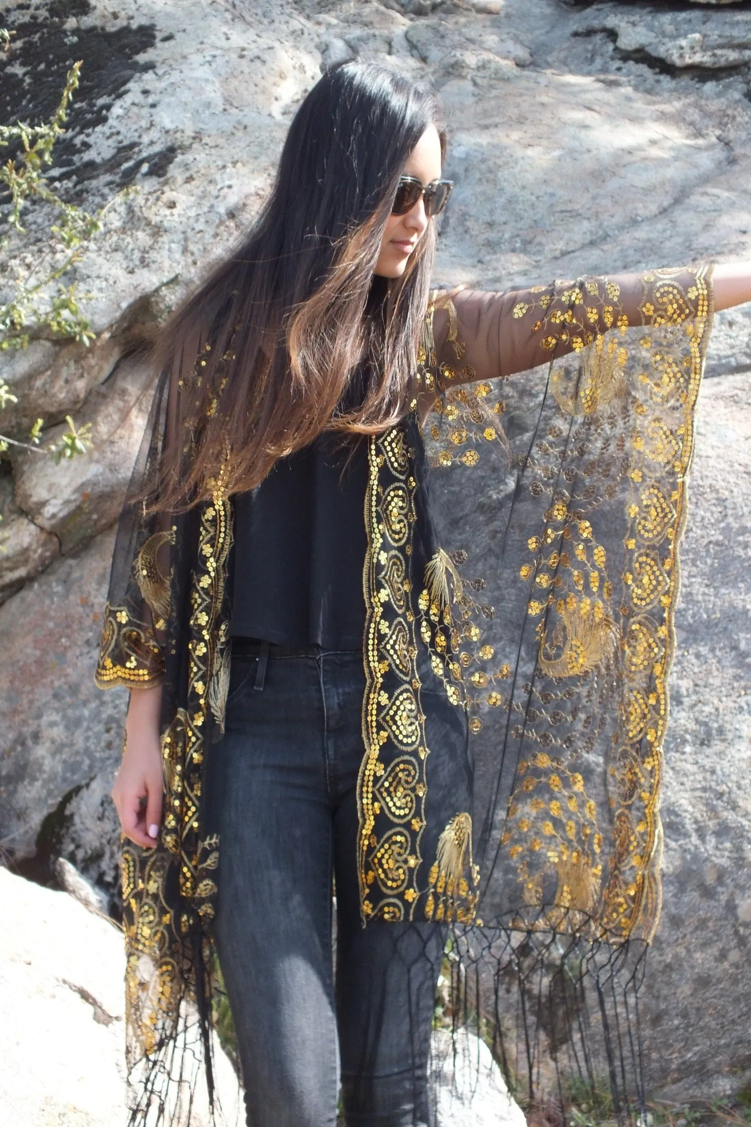 Black Gold Sequin Peacock Caftan Kimono Party Top