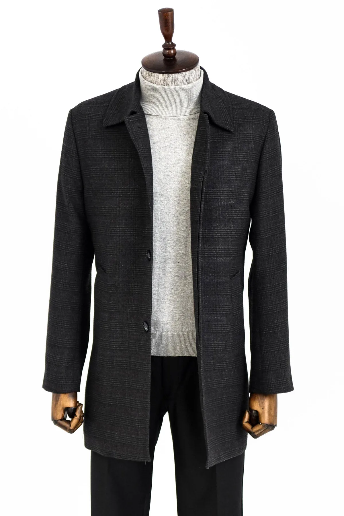 Black Hidden Button Peak Lapel Coat - Wessi