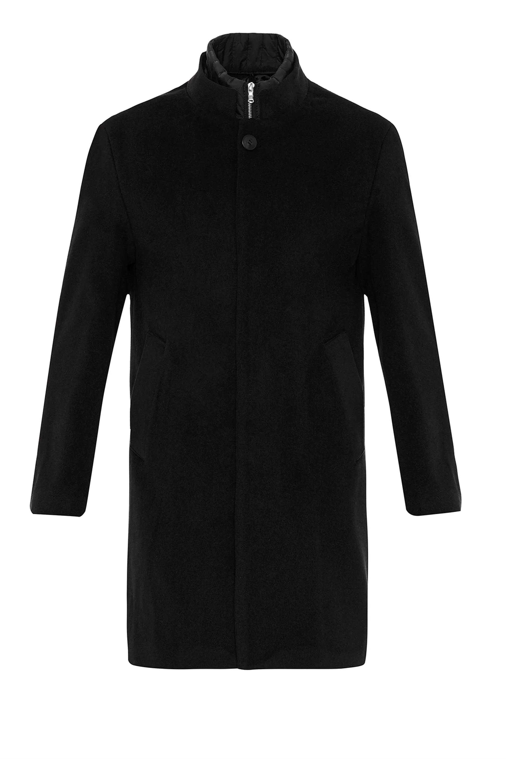 Black High Collar Men's Coat with Hidden Button Detail - Wessi