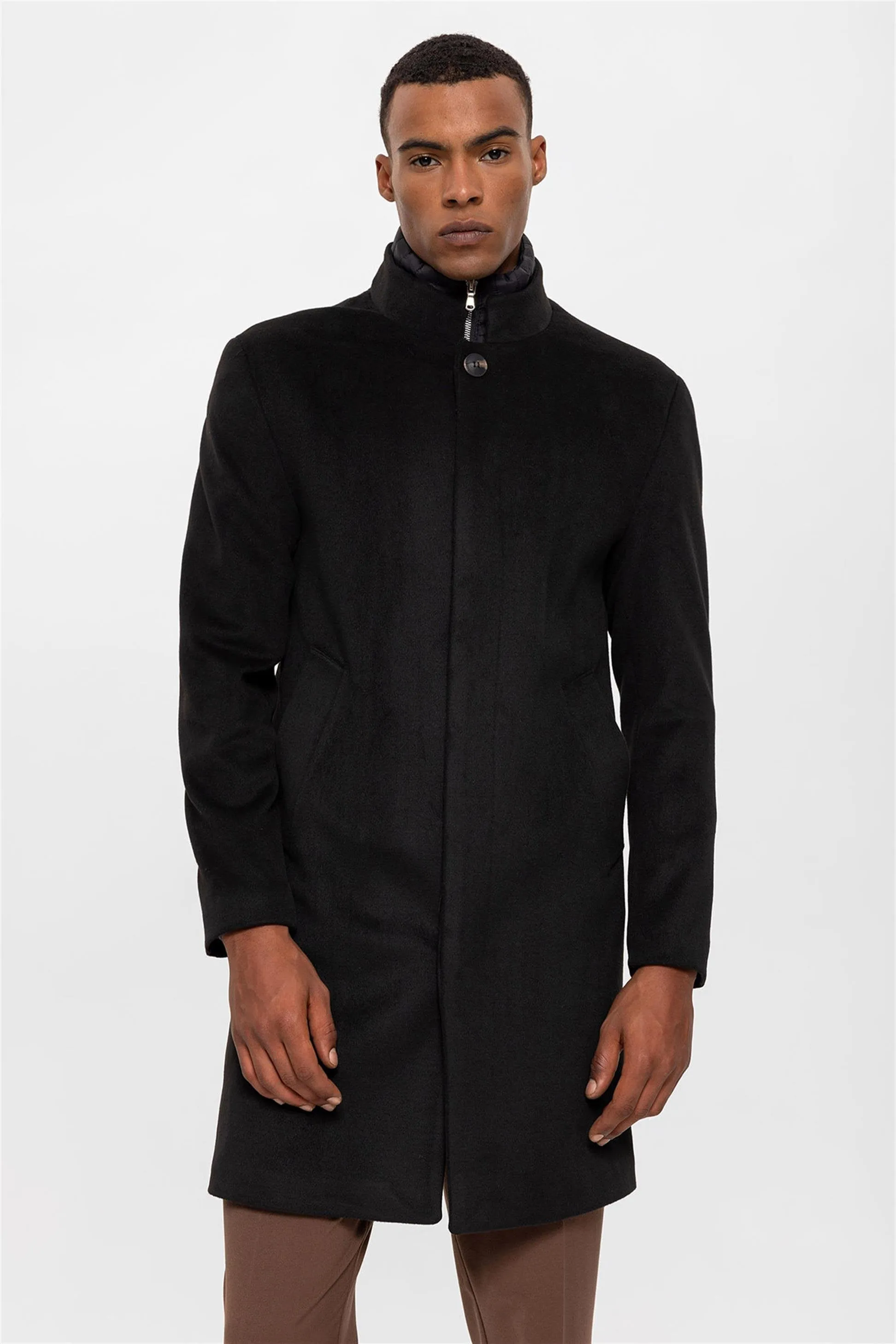 Black High Collar Men's Coat with Hidden Button Detail - Wessi