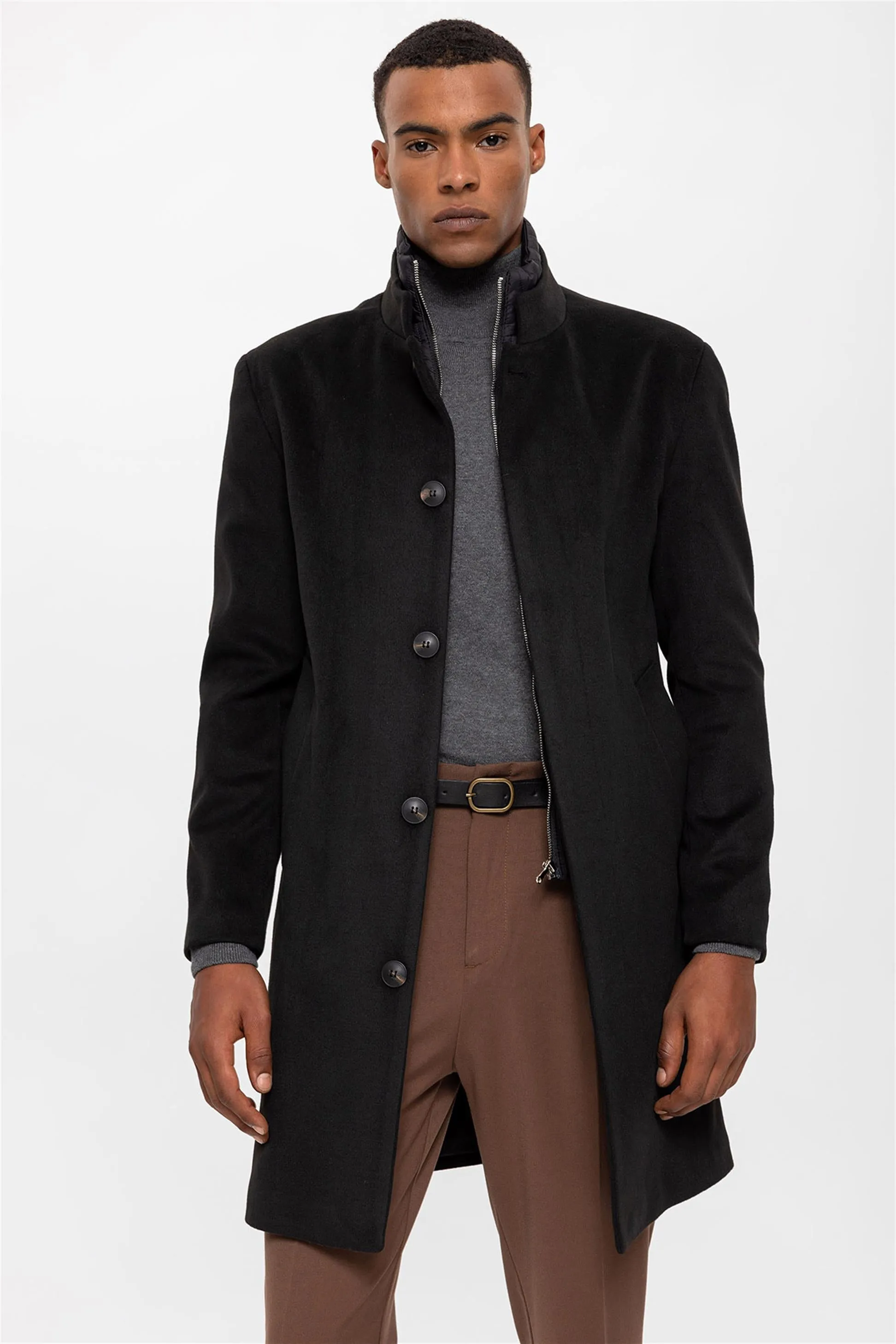 Black High Collar Men's Coat with Hidden Button Detail - Wessi