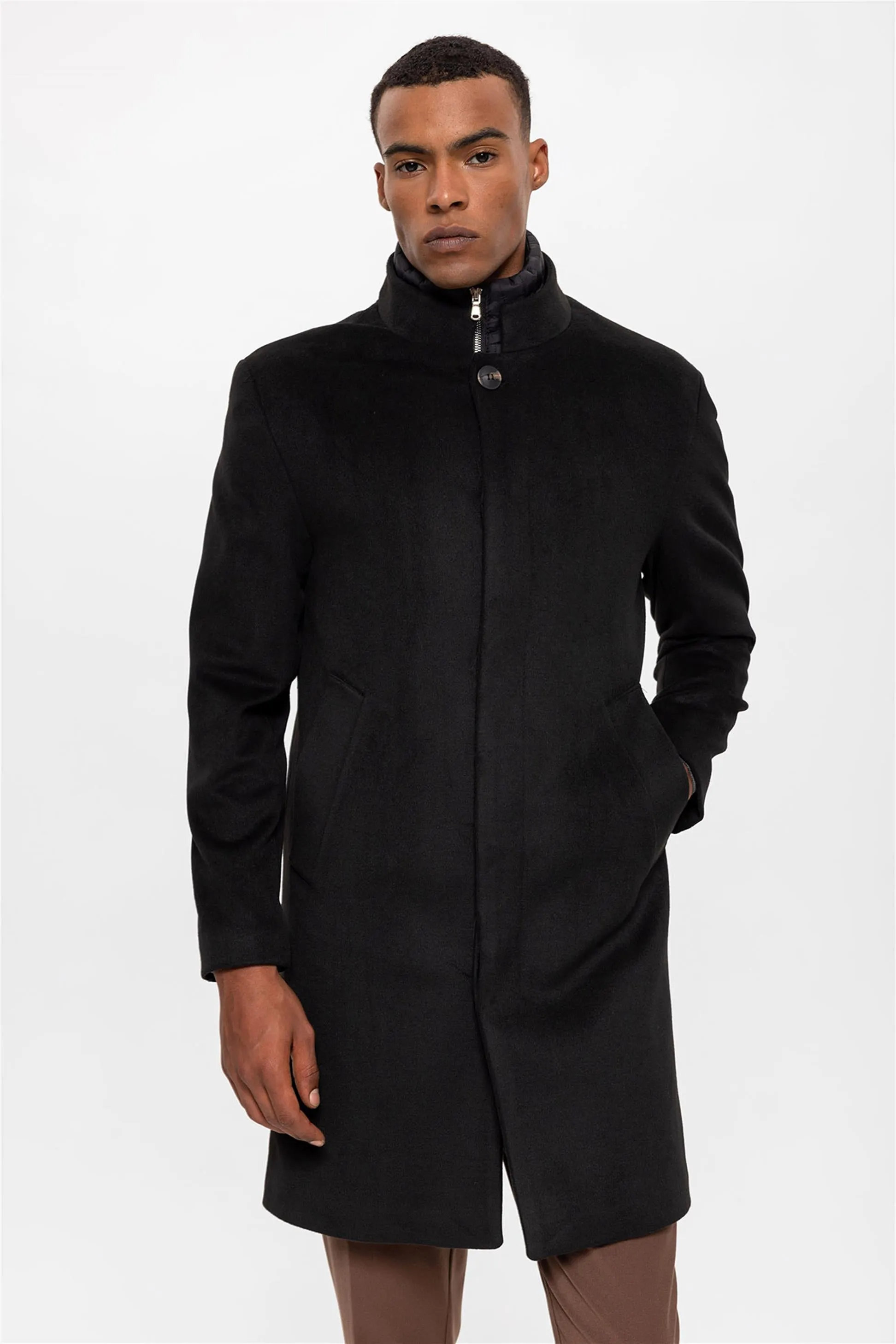 Black High Collar Men's Coat with Hidden Button Detail - Wessi