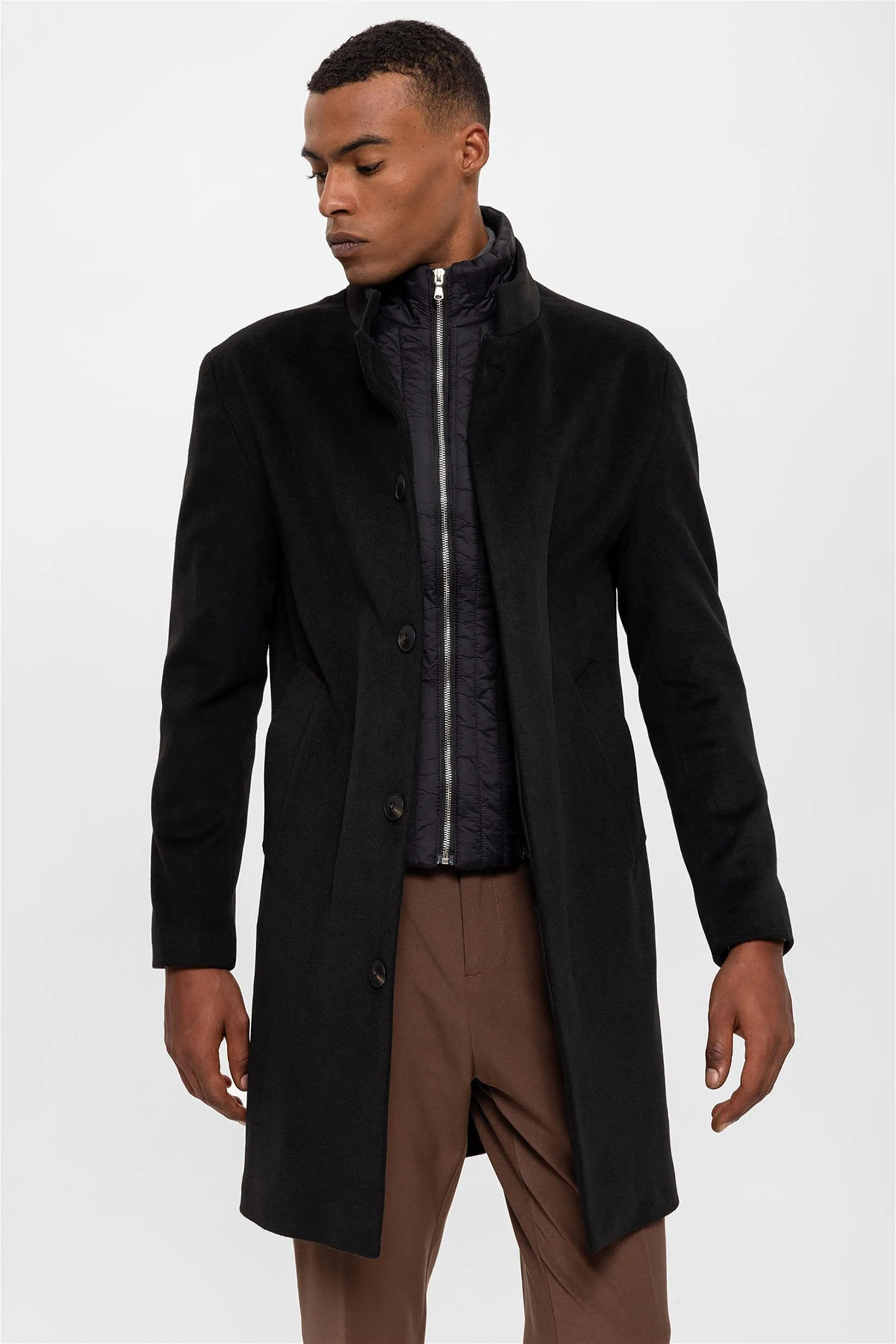 Black High Collar Men's Coat with Hidden Button Detail - Wessi