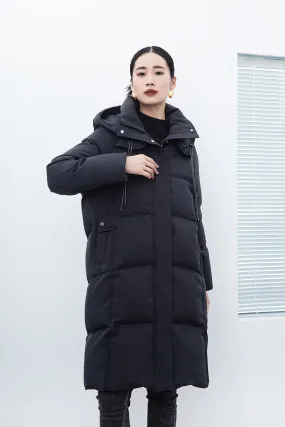 Black Long Hooded Stand Collar Down Jacket