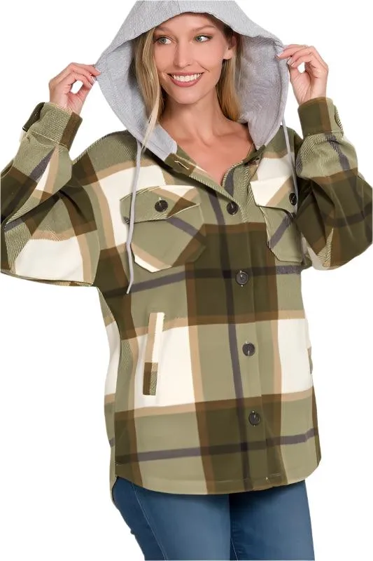 Black Plaid Drawstring Hooded Fleece Shacket