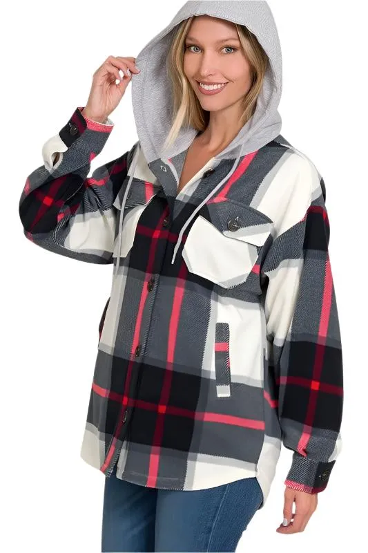 Black Plaid Drawstring Hooded Fleece Shacket