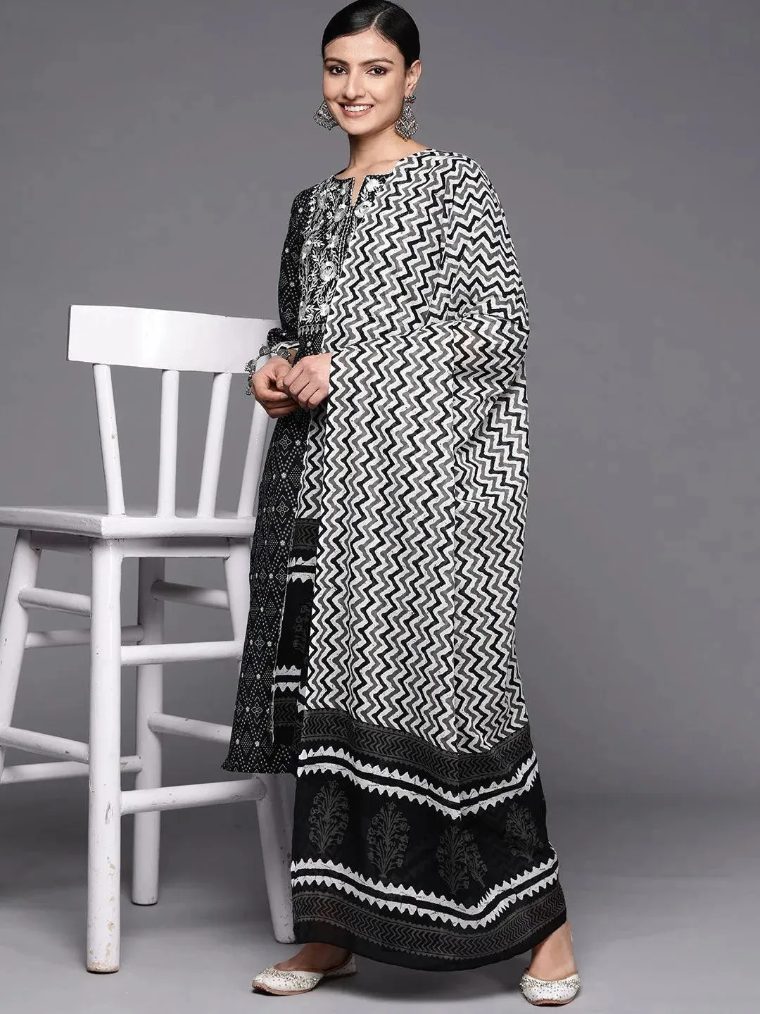 Black Printed Cotton Straight Kurta With Trousers & Dupatta