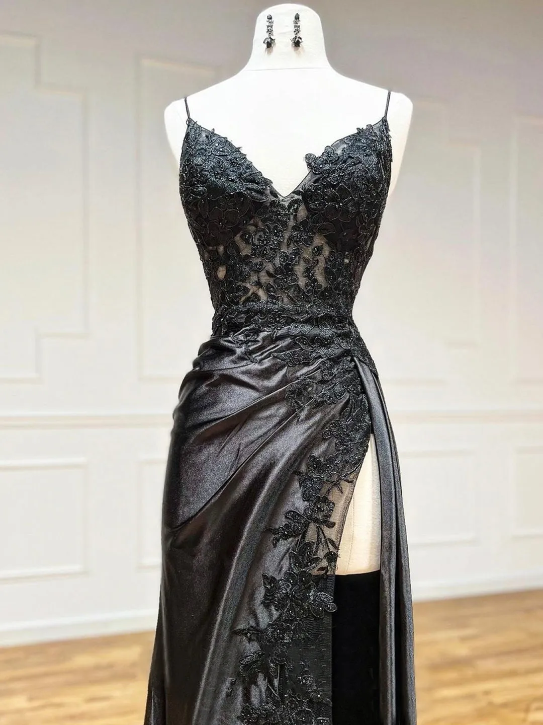 Black V-Neck Satin Lace Long Prom Dress, Black Spaghetti Strap Evening Dress with Slit