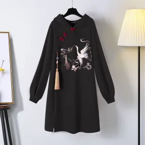 Blessing Swan Embroidery Hoodie Sweatshirt Dress - Embrace Elegance! 🦢👗