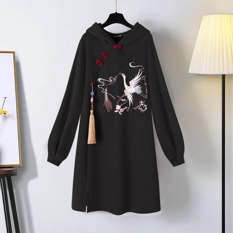 Blessing Swan Embroidery Hoodie Sweatshirt Dress - Embrace Elegance! 🦢👗