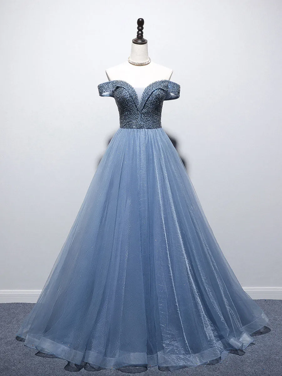 Blue Sweetheart Neck Beads Long Prom Dress, Blue Tulle Formal Dress With Beading Sequin