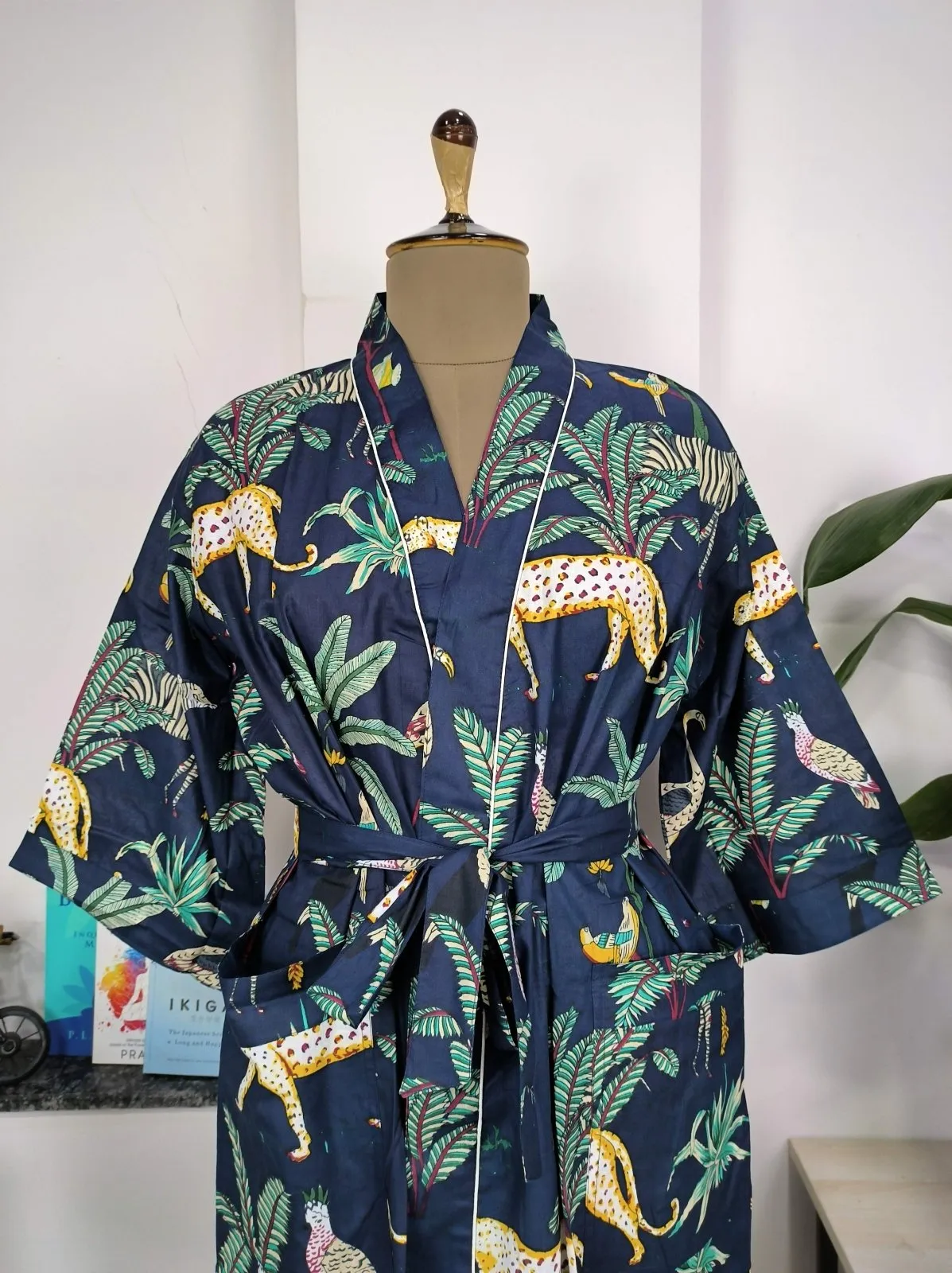 Boho Cotton Kimono House Robe Indian Handprinted Ink Blue Jungle Animal | Lightweight Summer Luxury Beach Holiday Cover Up Stunning Dress