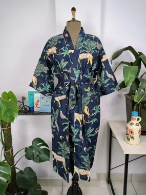 Boho Cotton Kimono House Robe Indian Handprinted Ink Blue Jungle Animal | Lightweight Summer Luxury Beach Holiday Cover Up Stunning Dress