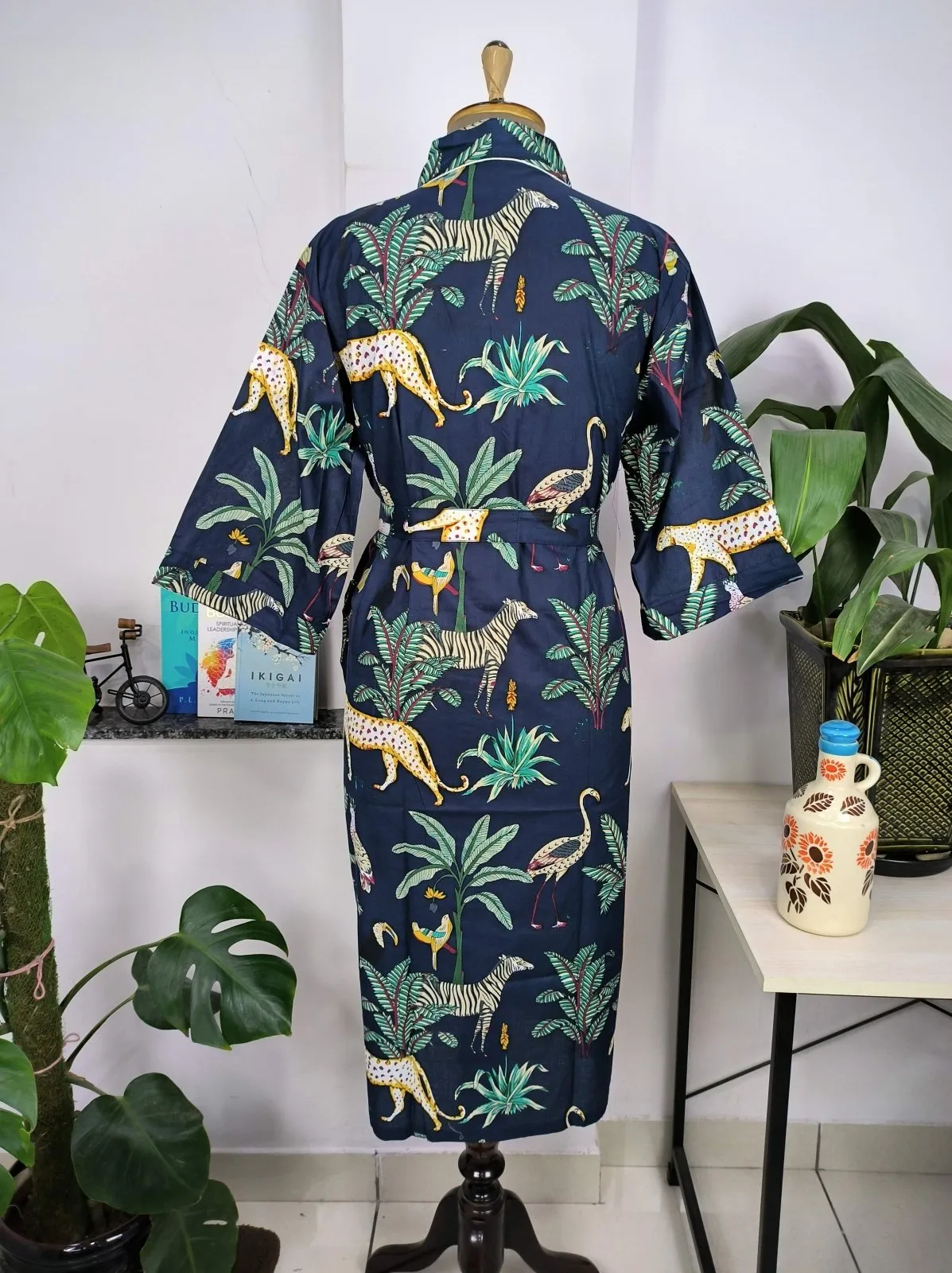 Boho Cotton Kimono House Robe Indian Handprinted Ink Blue Jungle Animal | Lightweight Summer Luxury Beach Holiday Cover Up Stunning Dress