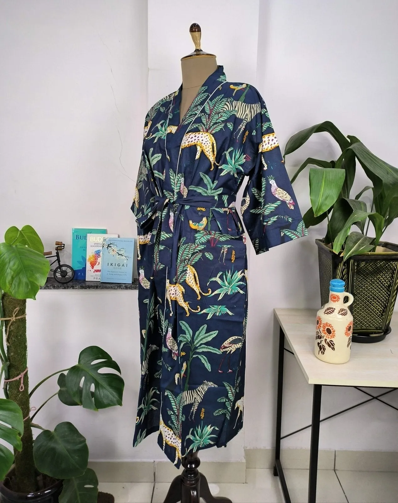 Boho Cotton Kimono House Robe Indian Handprinted Ink Blue Jungle Animal | Lightweight Summer Luxury Beach Holiday Cover Up Stunning Dress