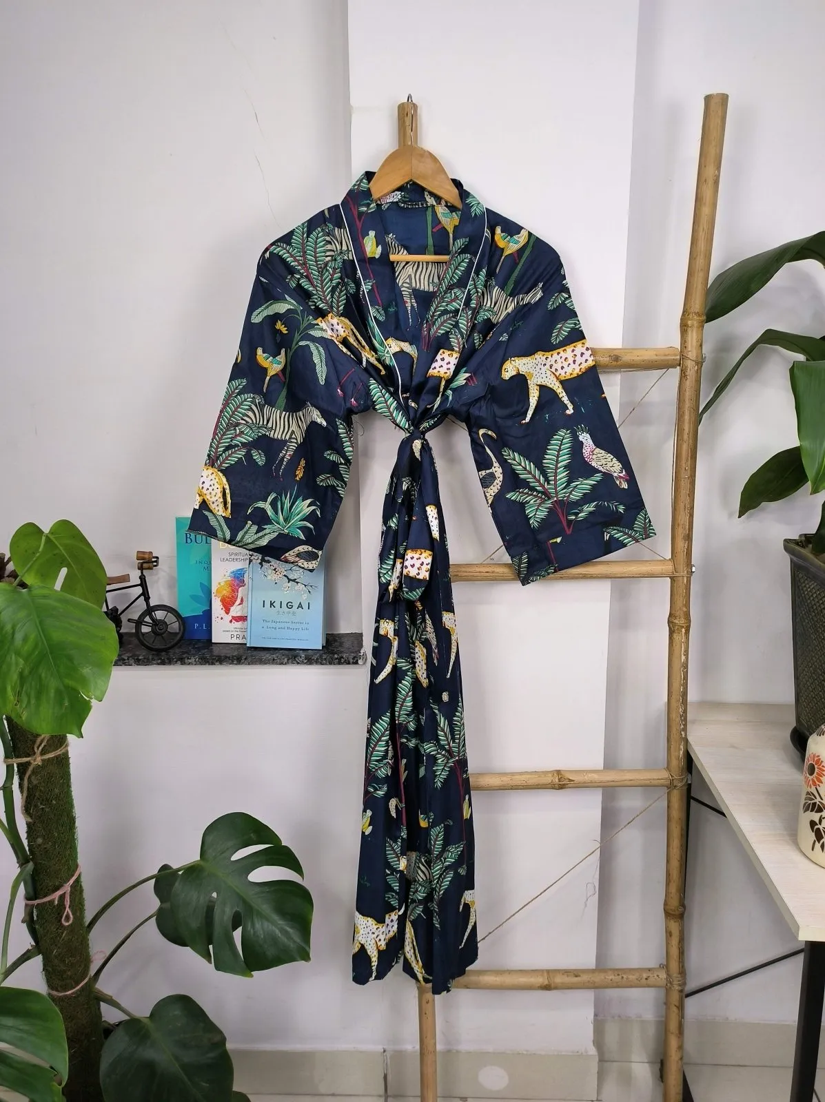 Boho Cotton Kimono House Robe Indian Handprinted Ink Blue Jungle Animal | Lightweight Summer Luxury Beach Holiday Cover Up Stunning Dress