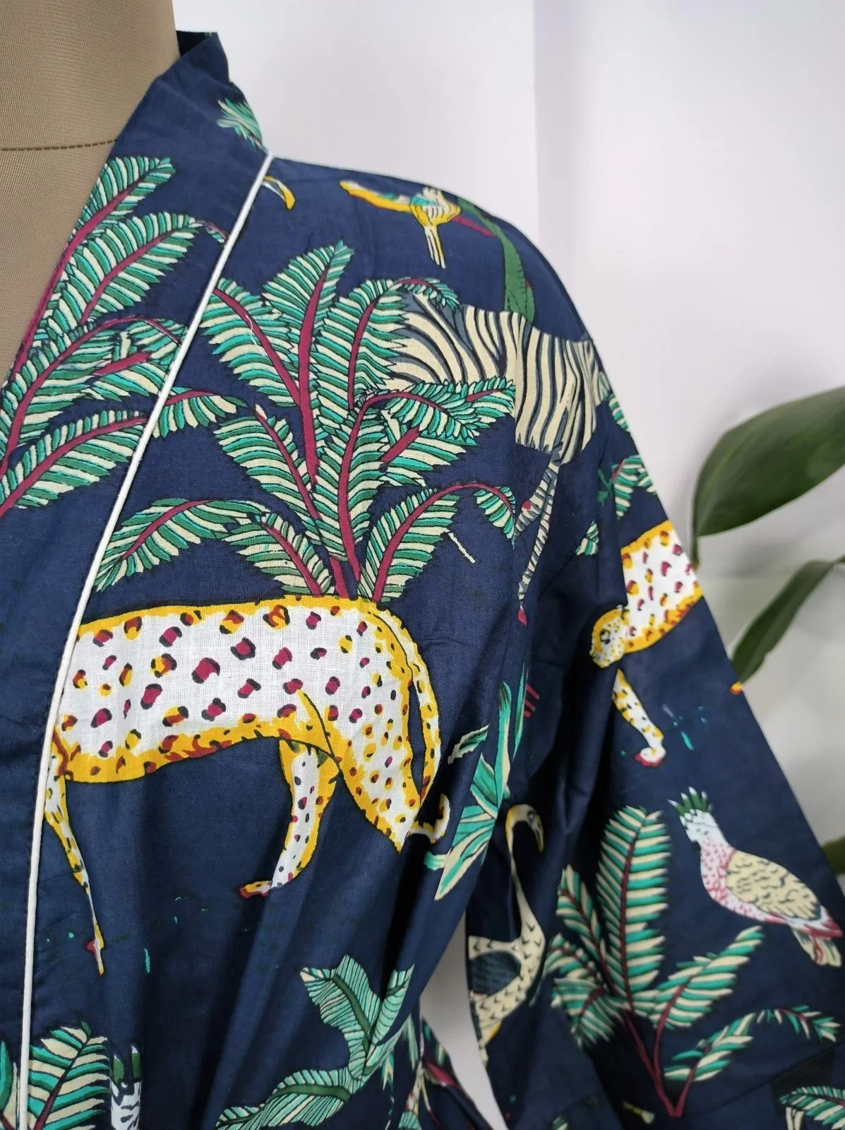 Boho Cotton Kimono House Robe Indian Handprinted Ink Blue Jungle Animal | Lightweight Summer Luxury Beach Holiday Cover Up Stunning Dress