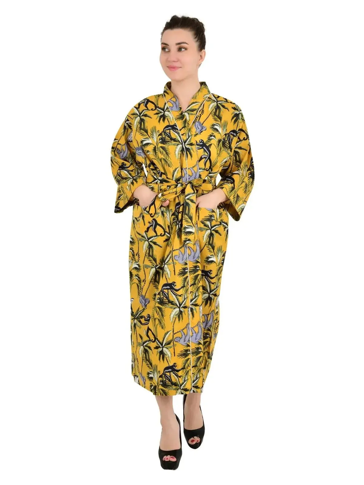 Boho Cotton Kimono House Robe Indian Handprinted Tree and Monkey Print Pattern | Lightweight Summer Luxury Beach Holidays Yacht Cover Up Stunning Dress