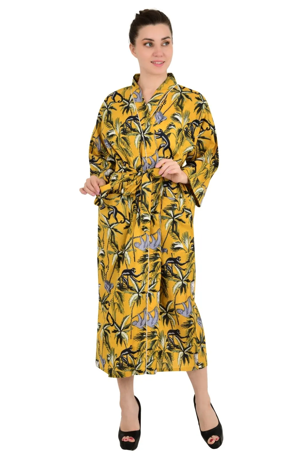 Boho Cotton Kimono House Robe Indian Handprinted Tree and Monkey Print Pattern | Lightweight Summer Luxury Beach Holidays Yacht Cover Up Stunning Dress