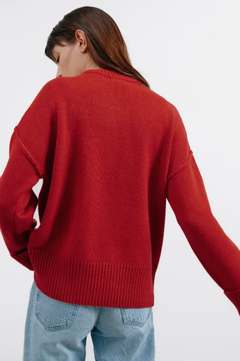 Boxy Crew Turn Up Cuff Jumper - Red