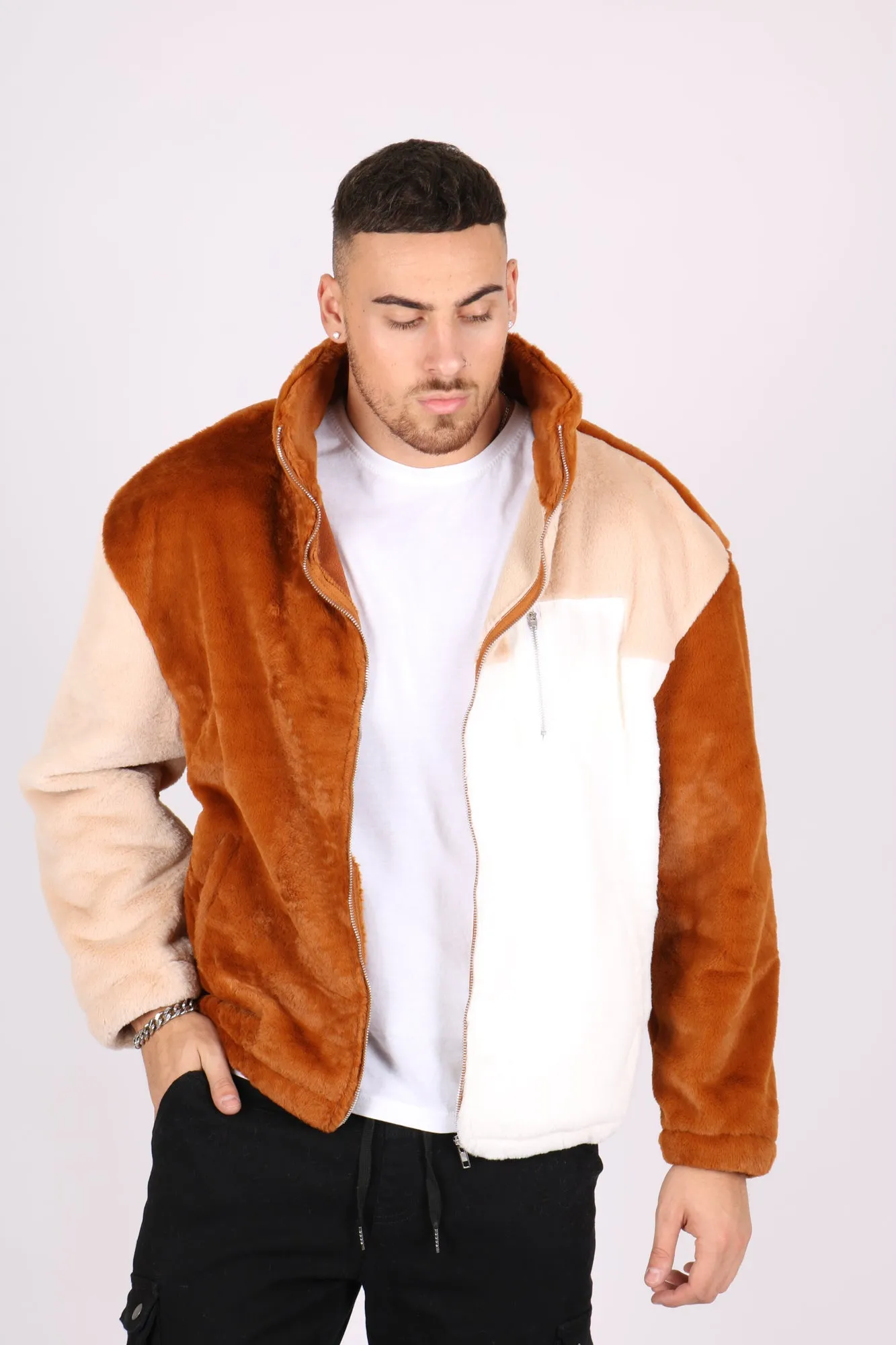 Brown, Tan & White Panel Micro Fur Jacket