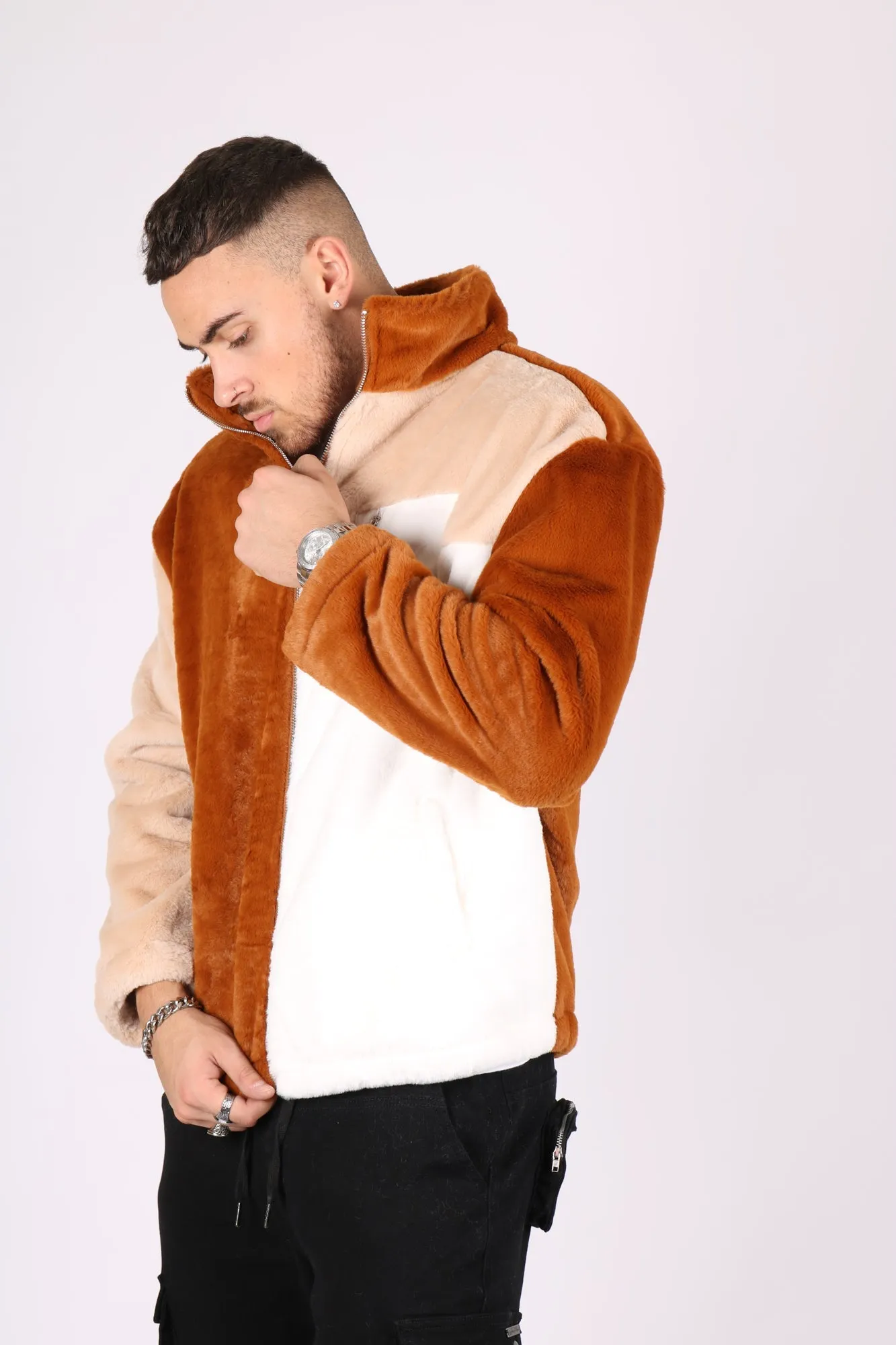 Brown, Tan & White Panel Micro Fur Jacket