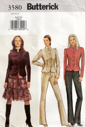 Butterick 3580 Womens Shaped Jacket with Stand Up Collar Tiered Skirt & Pants Out Of Print Sewing Pattern Size 6 - 10 UNCUT Factory Folded