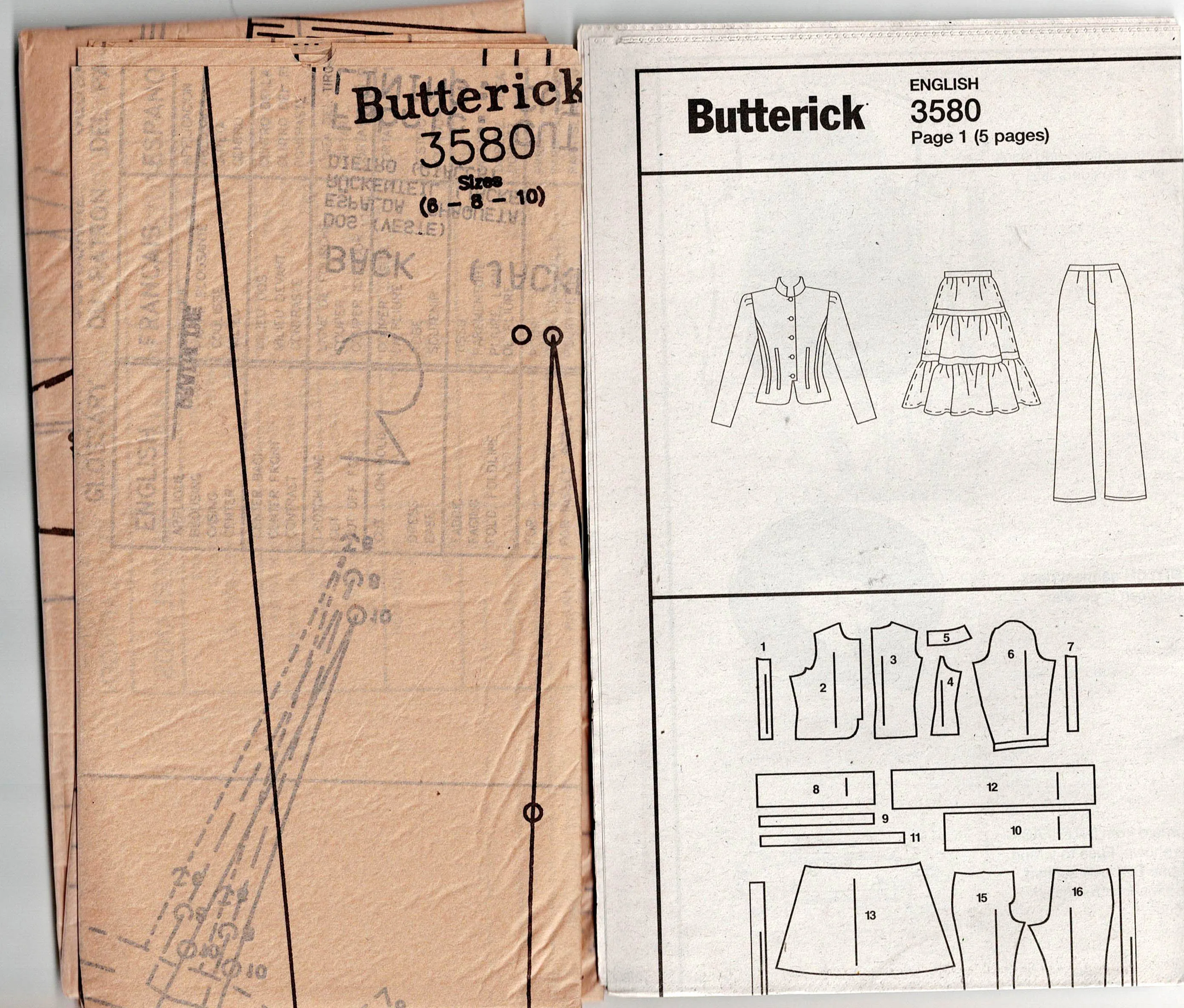 Butterick 3580 Womens Shaped Jacket with Stand Up Collar Tiered Skirt & Pants Out Of Print Sewing Pattern Size 6 - 10 UNCUT Factory Folded