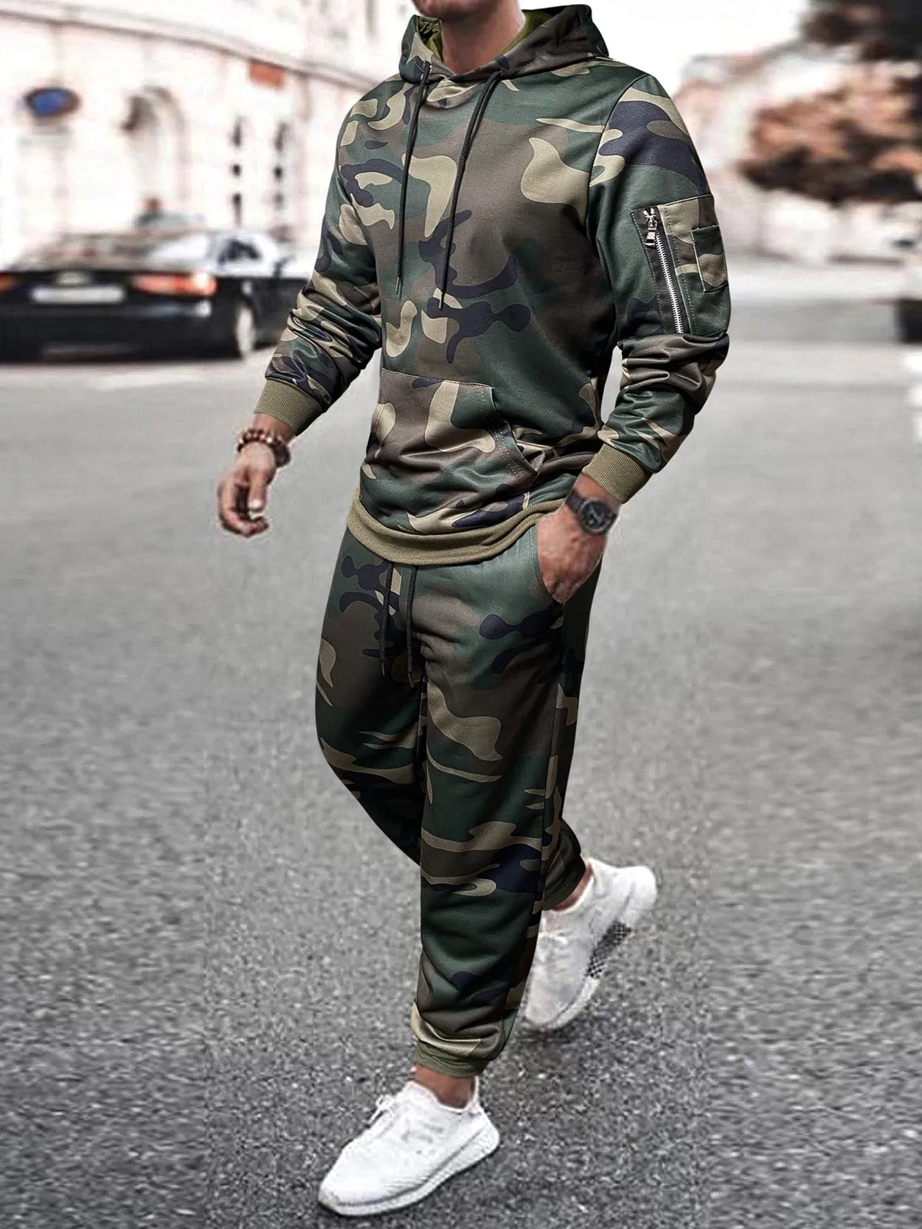 Camo Print Drawstring Hoodie and Joggers