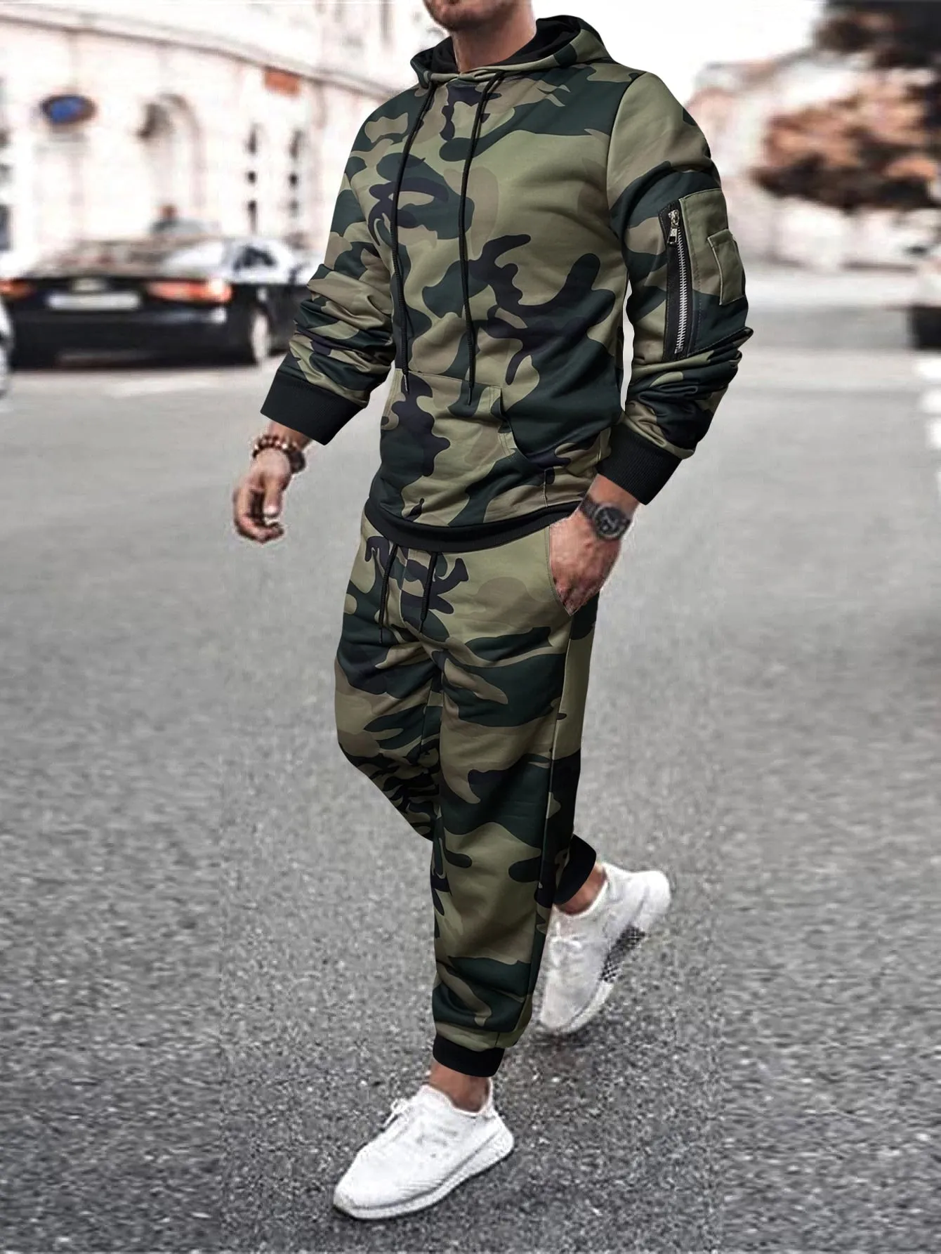 Camo Print Drawstring Hoodie and Joggers